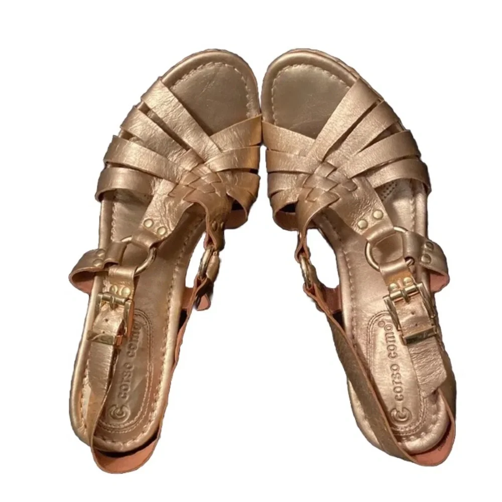 Corso Como Rose Metallic Leather Straw Braided Wedge Espadrilles Sandals 8